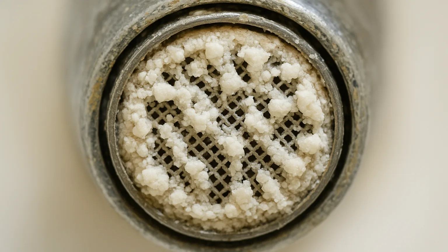 Close-up of faucet aerator screen showing white mineral buildup and crusty calcium deposits blocking the mesh openings.