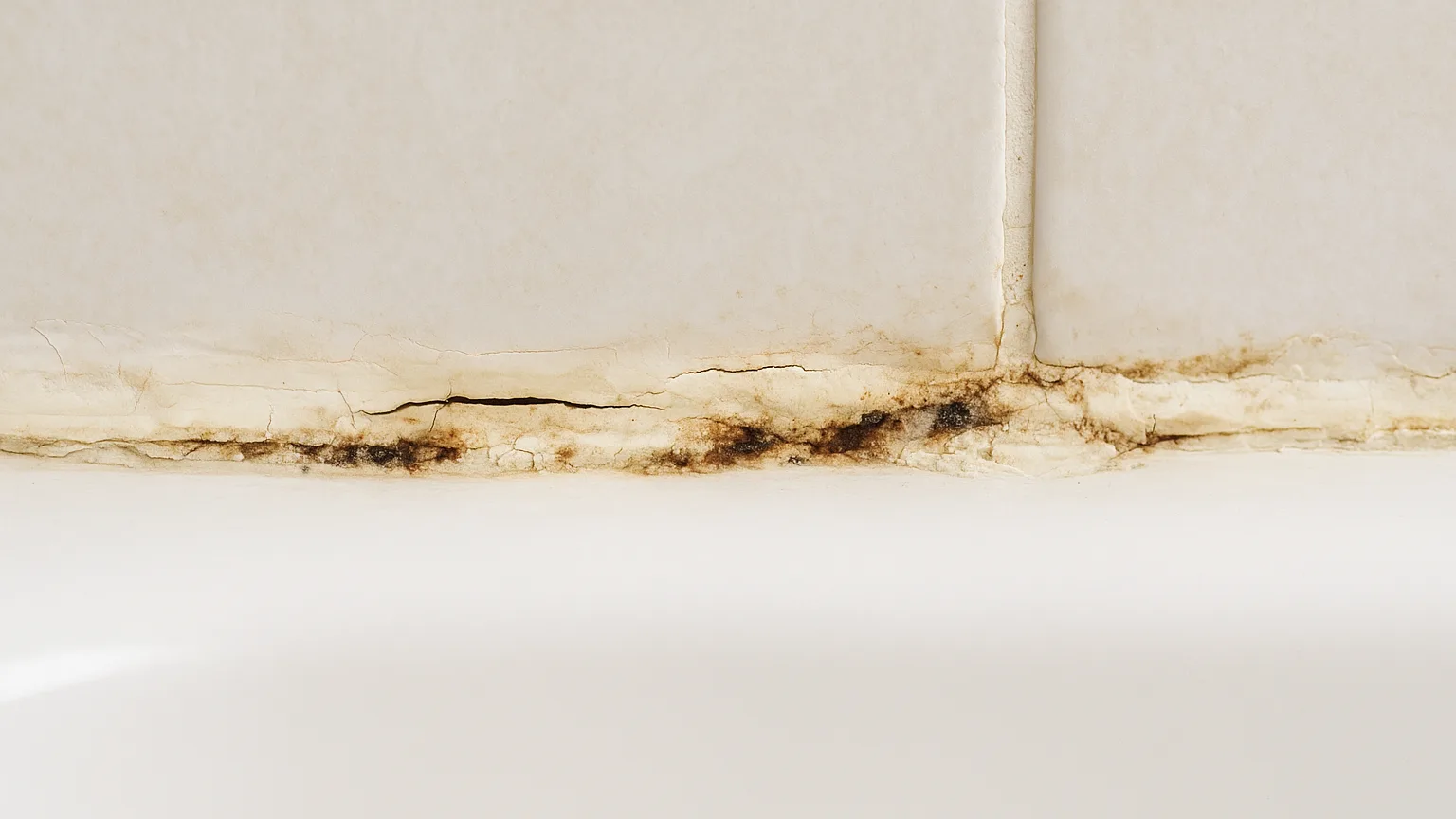 Close-up of deteriorated caulk bead along bathtub edge showing hairline separation, discoloration, and mildew pockets where caulk has pulled away from tile.