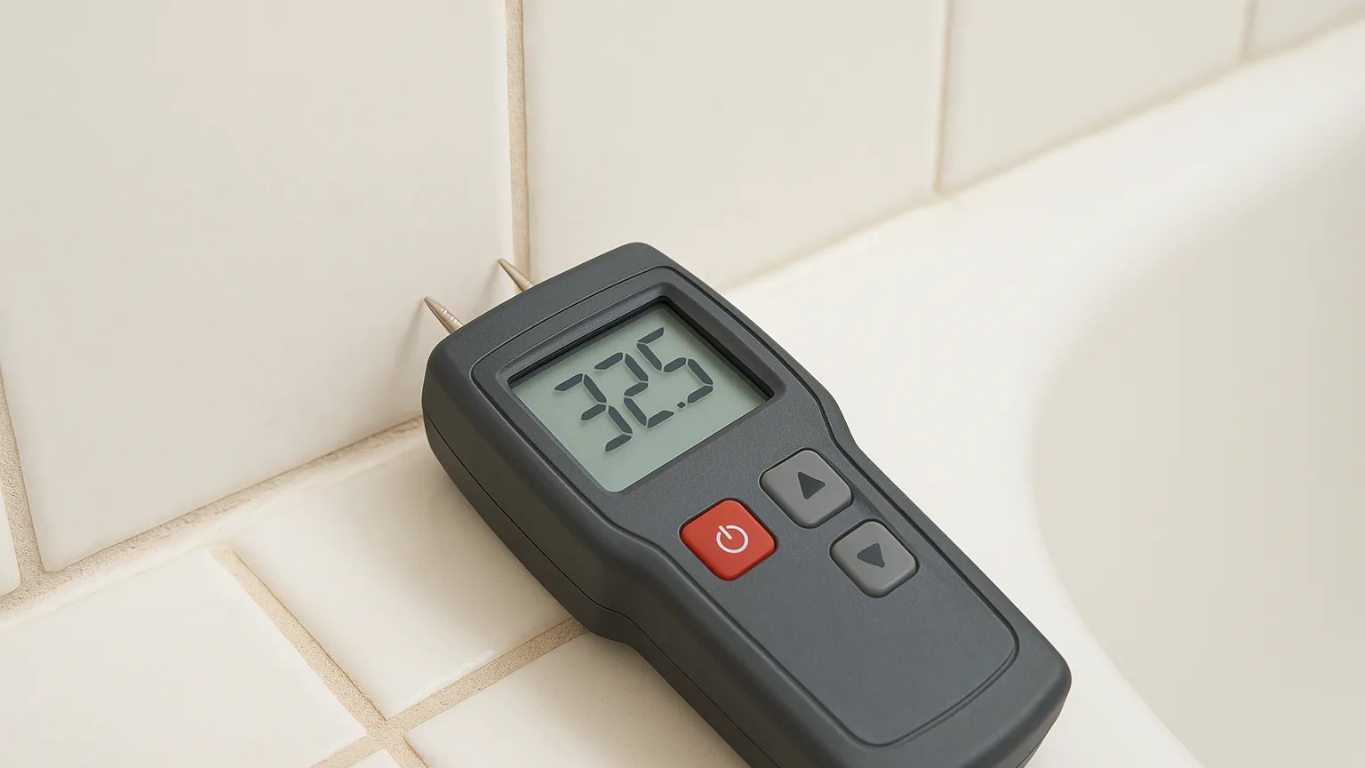 Close-up of a hand-held moisture meter pressed against bathroom tile near a bathtub, with grout lines and caulk visible in soft lighting.