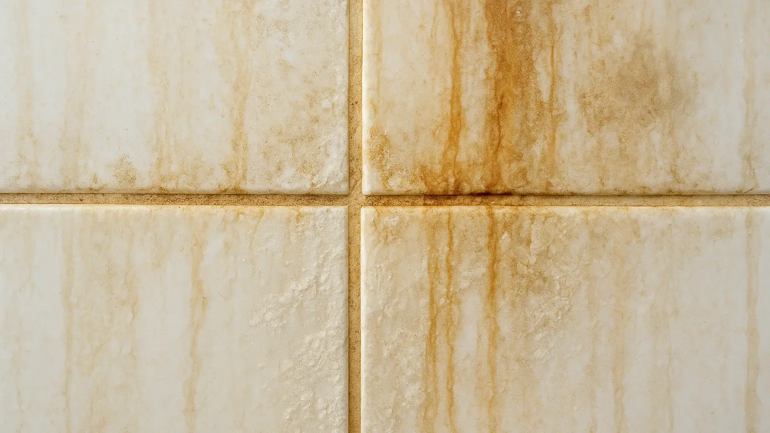 Close-up of bathroom tile and grout with visible water stains, mineral deposits, and discoloration spreading across the surface.