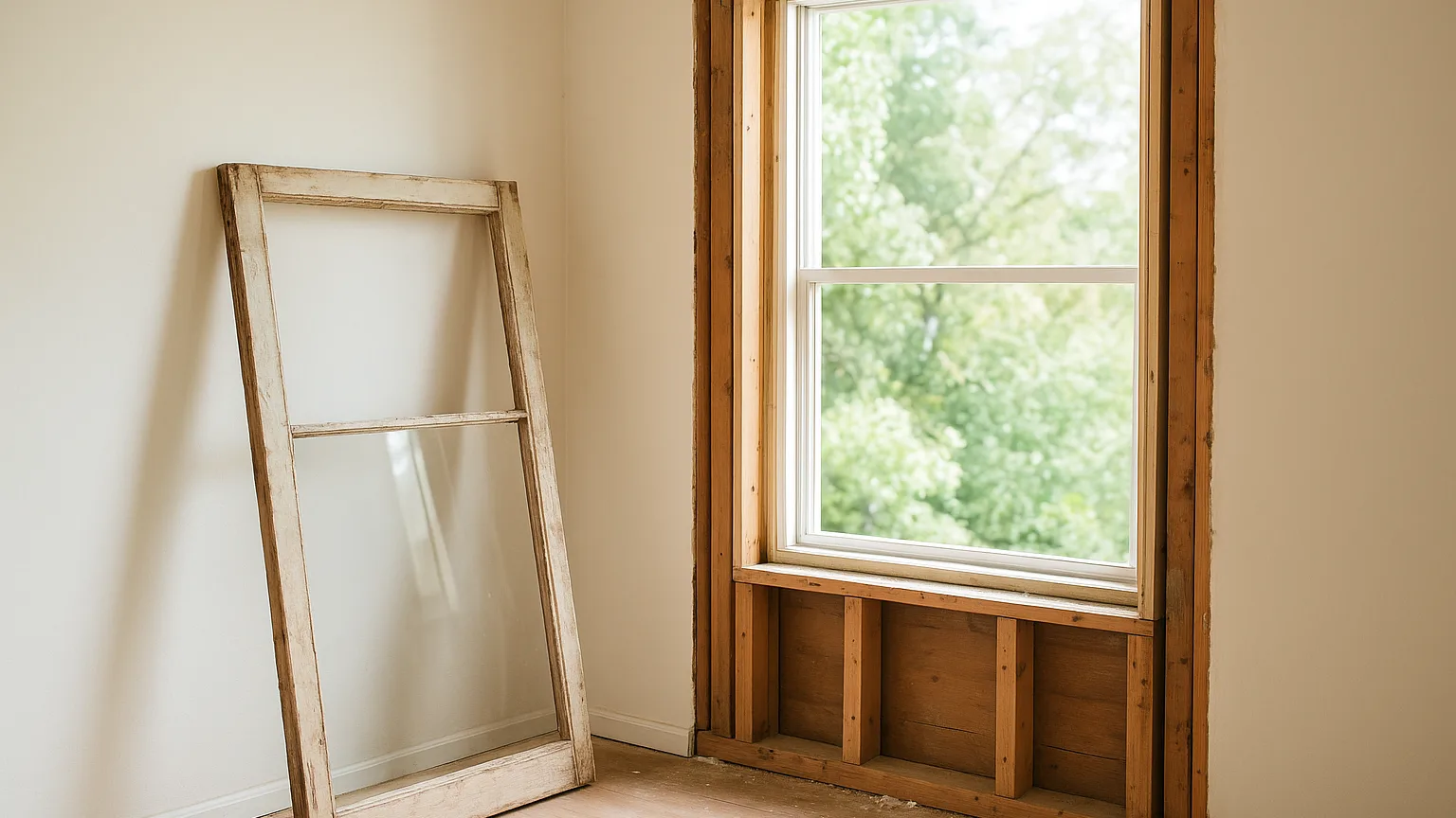 Open window frame with old wooden sash removed, leaning against interior wall beside the empty rough opening during mid-installation.